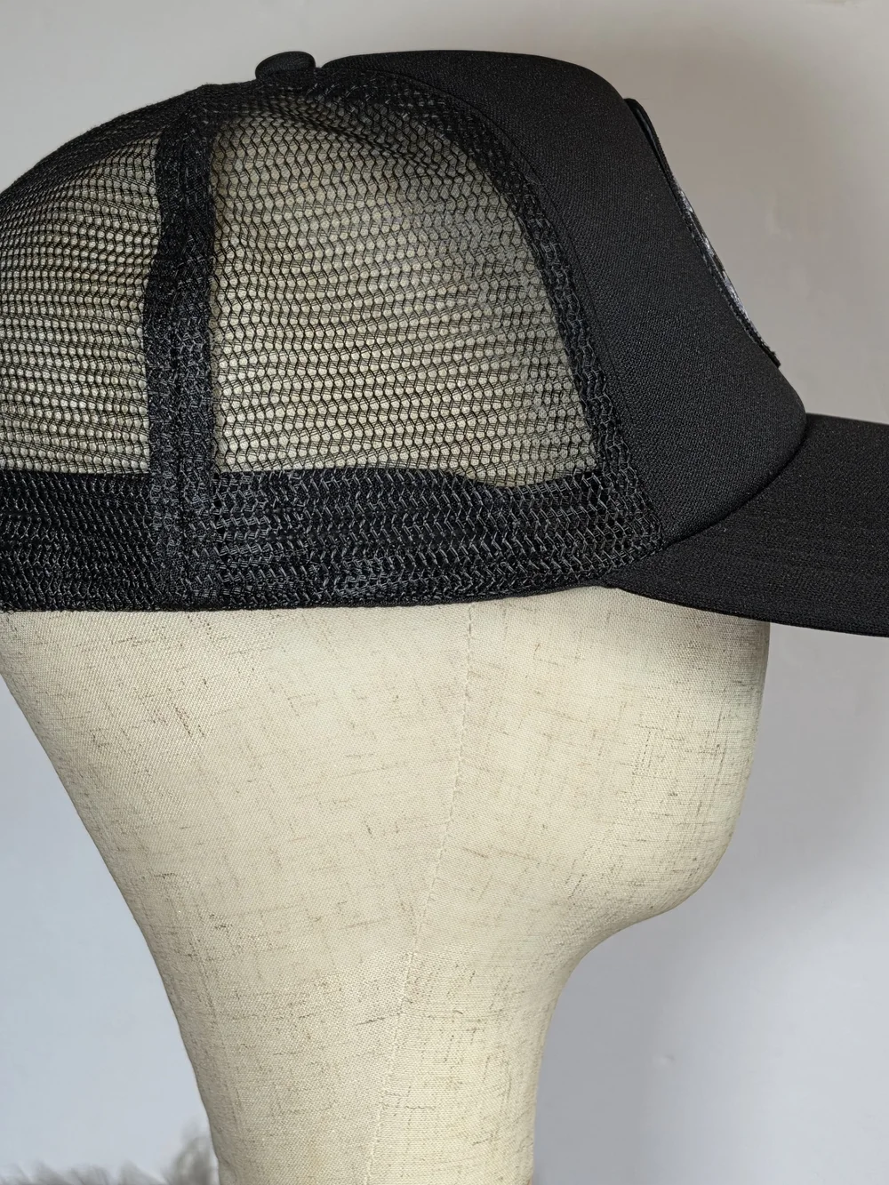 90s Inspired Woman's Black Trucker Hat with Funny Patchwork